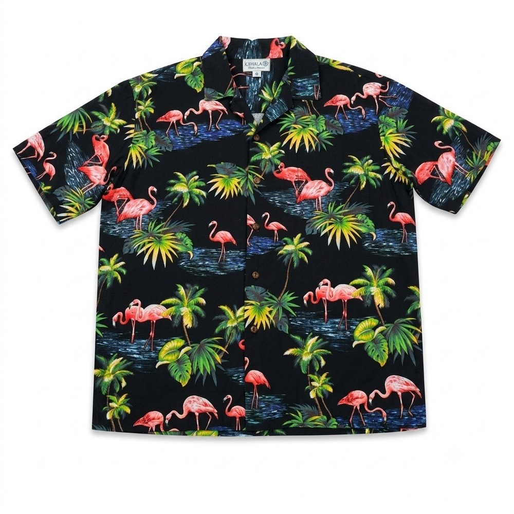 Pacific Legend‎ Hawaiian Shirt Mens XL Black Flamingo Palm Tree Made in Hawaii